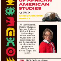 A smiling photo of Dr. Sharon Harley is on the left side of the post advertising a lecture given by Harley about African American and Africana Studies at UMD. The left side of the page has a decorative motif. The lecture is Wednesday, February 25, 12 pm at the MICA Conference room (1120 Adele H. Stamp Student Union).