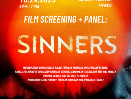 AAAS Film Screening + Panel: Sinners Flyer. Background is Sinner's film poster. 