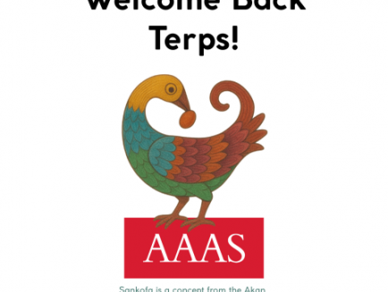 A sankofa bird on top of the AAAS Logo; The AAAS Logo is a red rectangle with the letters AAAS inside. 