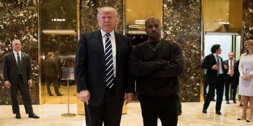 Then President-elect Donald Trump and Kanye West stand together in the lobby at Trump Tower on Dec. 13, 2016 in New York.