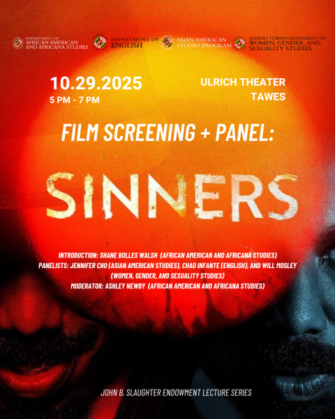 AAAS Film Screening + Panel: Sinners Flyer. Background is Sinner's film poster. 