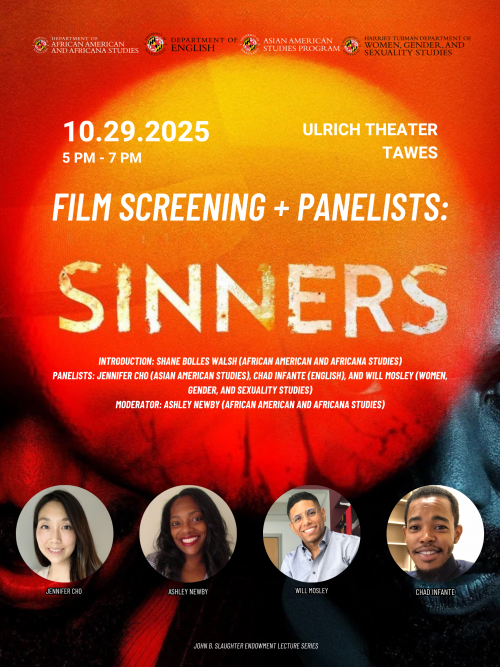 AAAS Film Screening + Panel: Sinners Flyer featuring panelist headshot. Background is Sinner's film poster.