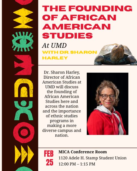A smiling photo of Dr. Sharon Harley is on the left side of the post advertising a lecture given by Harley about African American and Africana Studies at UMD. The left side of the page has a decorative motif. The lecture is Wednesday, February 25, 12 pm at the MICA Conference room (1120 Adele H. Stamp Student Union).