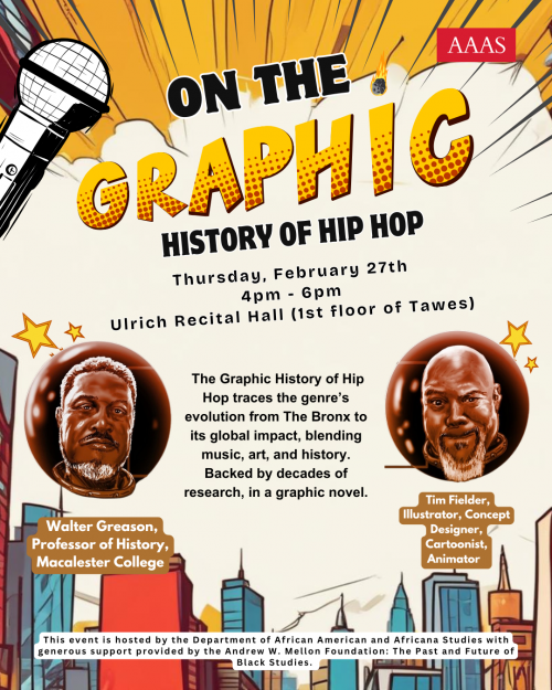 Flyer for On the Graphic History of Hip Hop with event information; Headshot of Walter Greason and  Tim Fielde. 